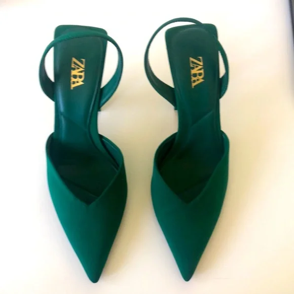 Zara Satin Green V Cut Heels Size 38 - Picture 1 of 5